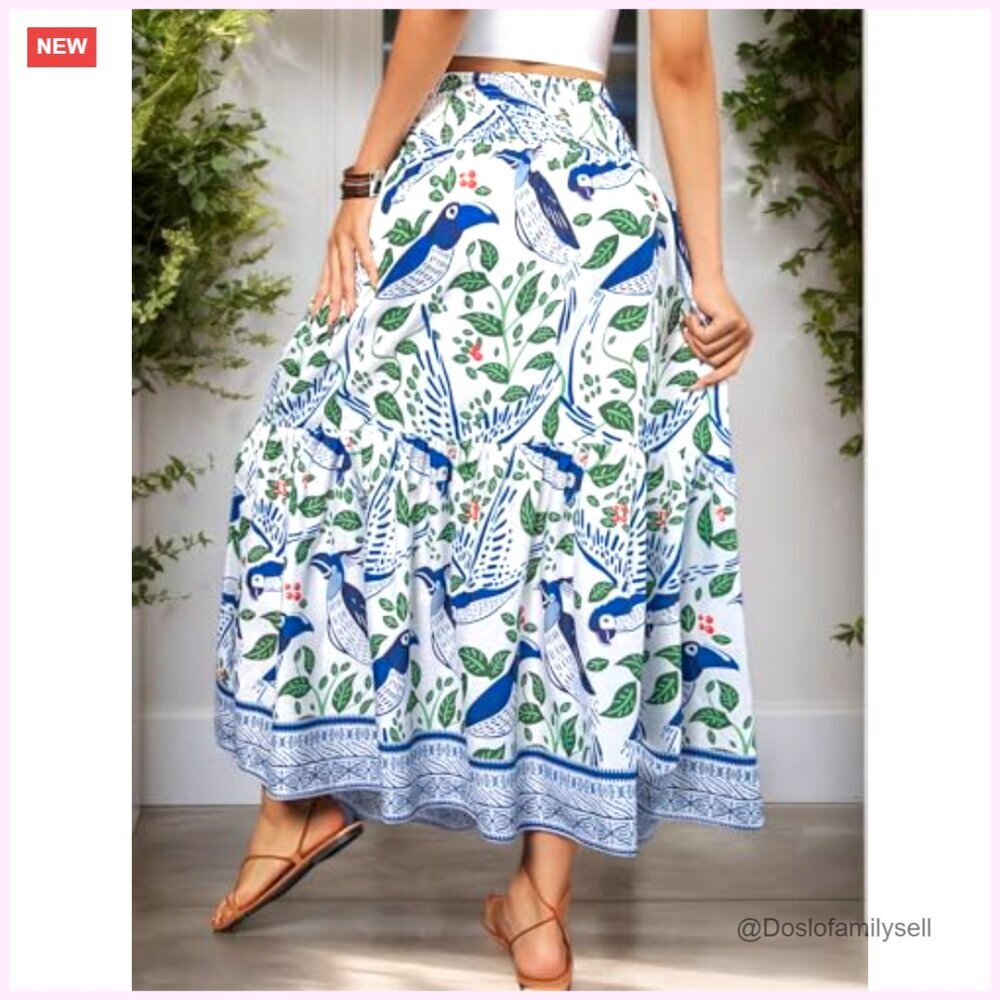Women's High Waist Elastic Pleated A-Line Maxi Skirt Flowy Long Boho - Picture 5 of 7
